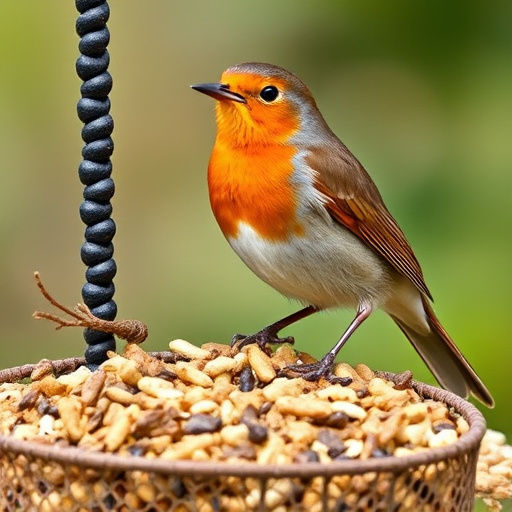 Robin feeding on sunflower heart pieces