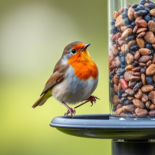 Robin feeding on sunflower heart pieces