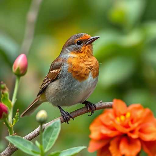Robin perched beside suet-filled feeder