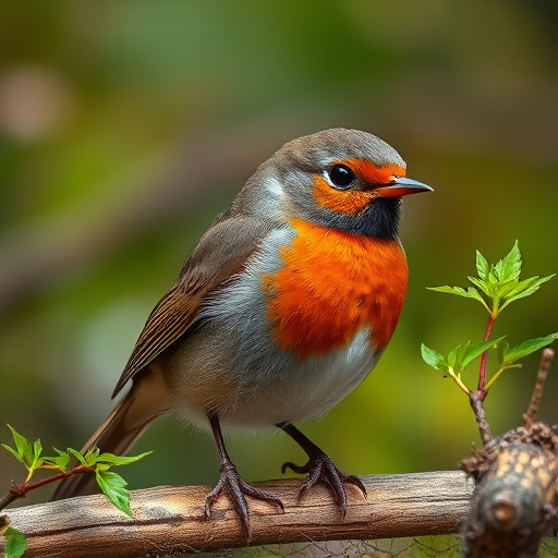 Robin perched beside suet-filled feeder