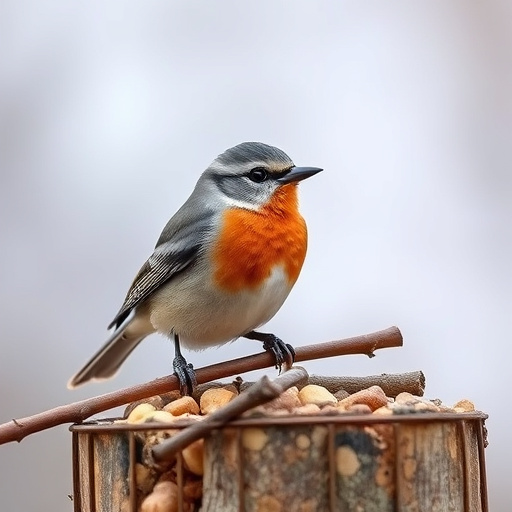 Robins and tits eating from hanging feeder