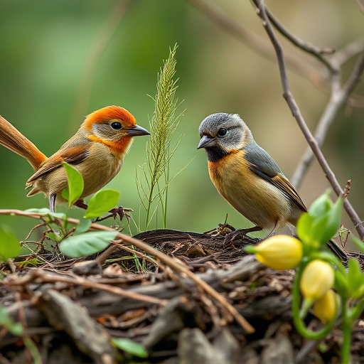 Robins and tits eating from hanging feeder
