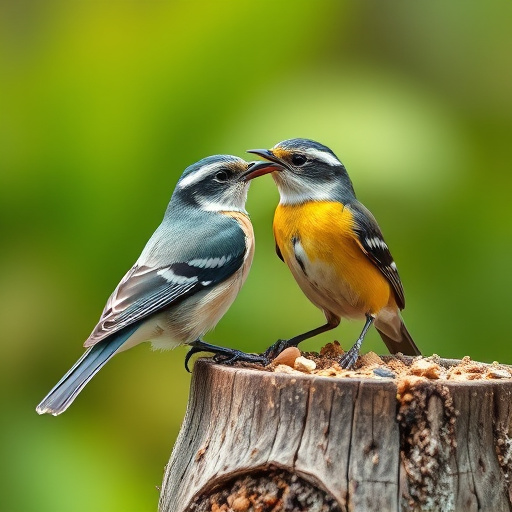 Robins and tits eating from hanging feeder