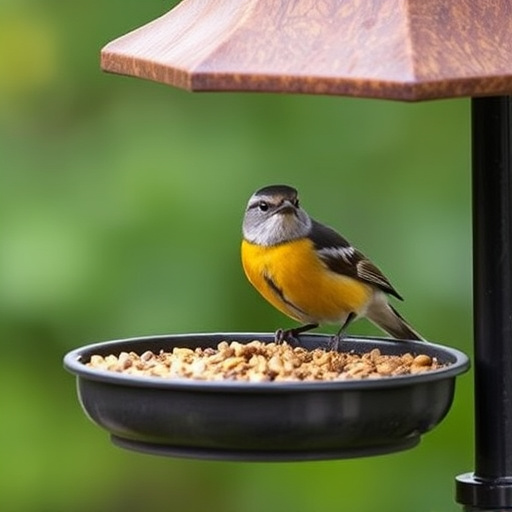 Robins and tits eating from hanging feeder