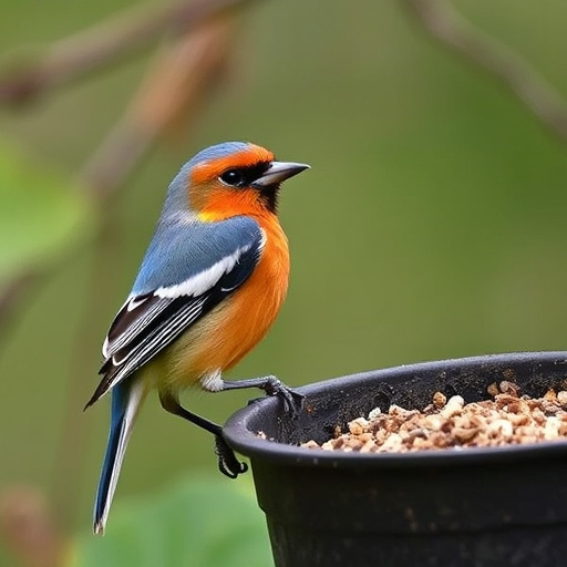 Robins pecking at scattered seed