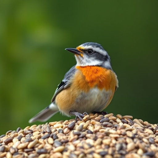 Robins pecking at scattered seed