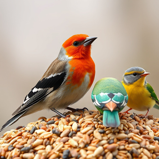 Robins pecking at scattered seed