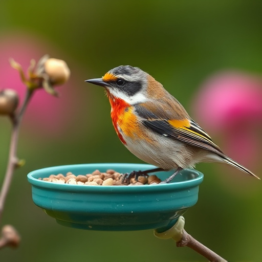 Tiny blue tit pecking suet pellets