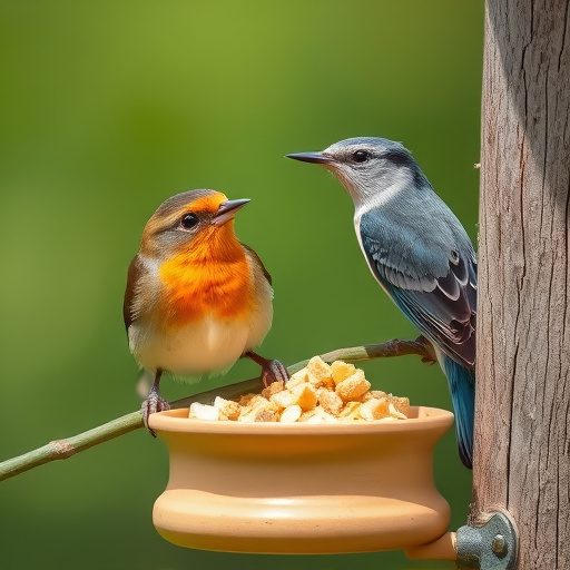 Tiny blue tit pecking suet pellets
