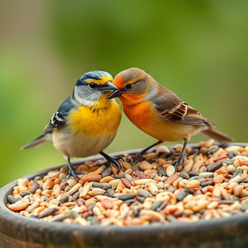 Variety of bird seed in bowls