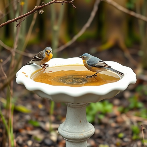 Bird bath filled with autumn leaves