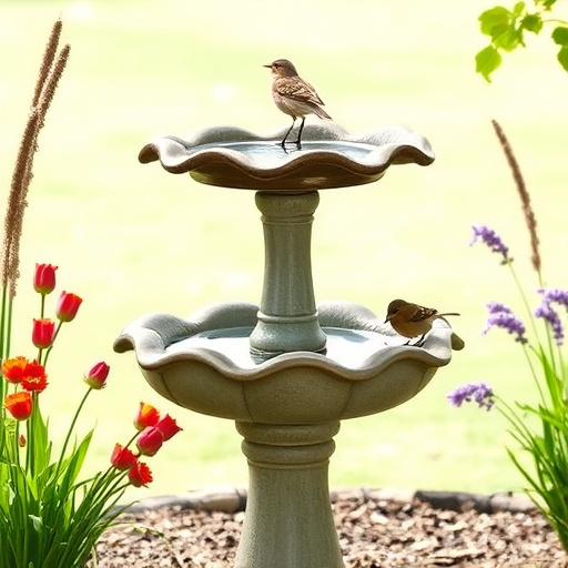 Bird bath set on mossy garden paving