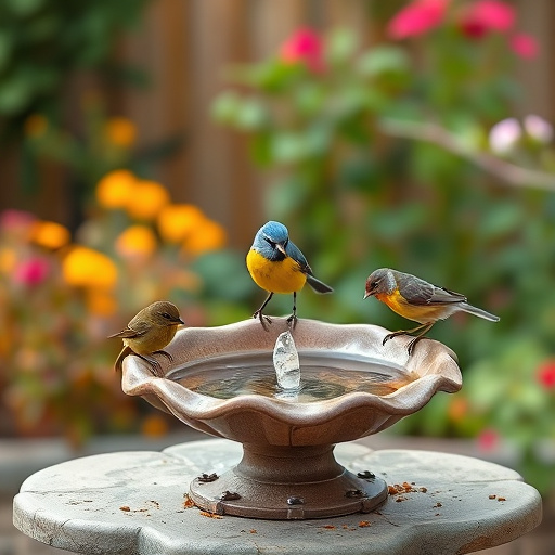 Bird bath set on mossy garden paving
