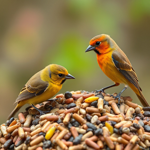 Bird food pellets in wooden feeder