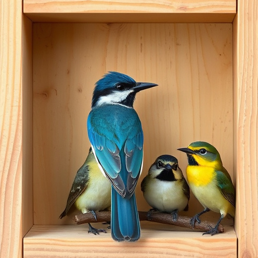 Bird nesting inside cozy wooden box