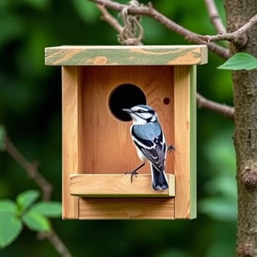 Bird nesting inside cozy wooden box