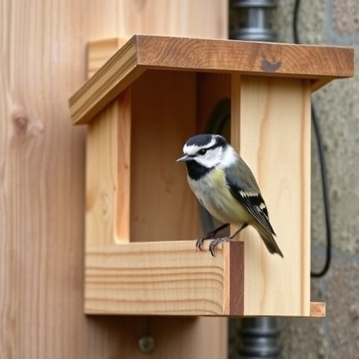 Bird nesting inside cozy wooden box