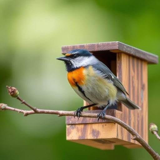 Bird nesting inside cozy wooden box