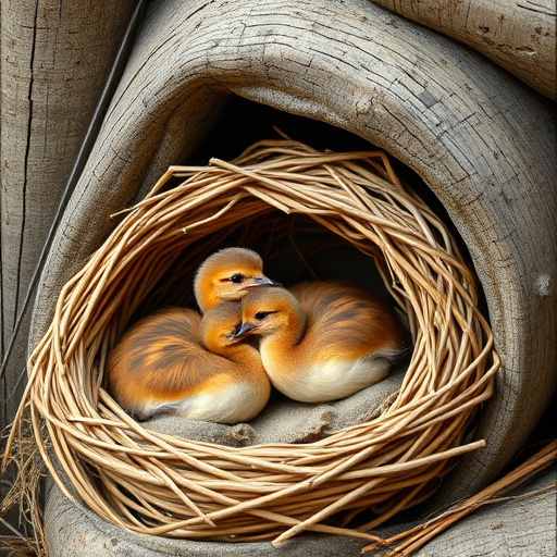 Bird nesting inside cozy wooden box