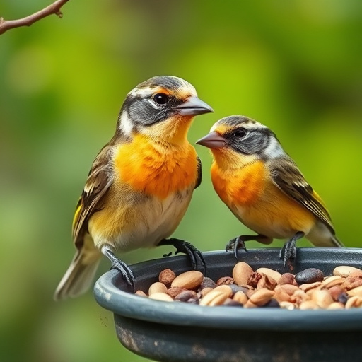 Birdbath beside feeder with seed mix