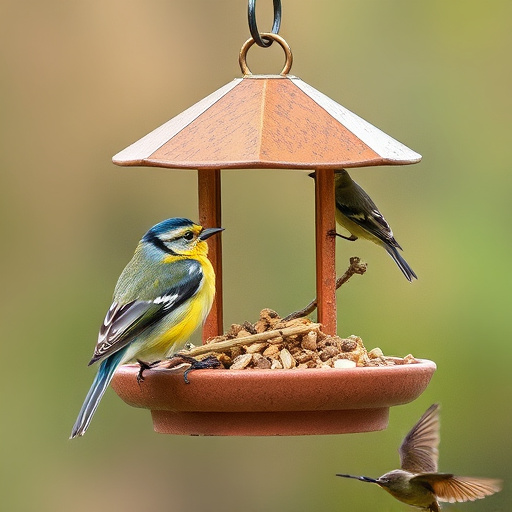 Birdbath beside feeder with seed mix