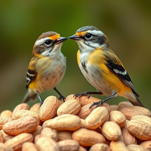 Birds eating peanuts from feeder