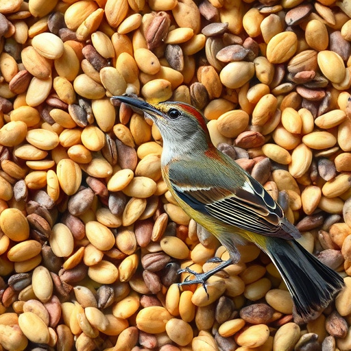 Birds eating wheat-free seed mix