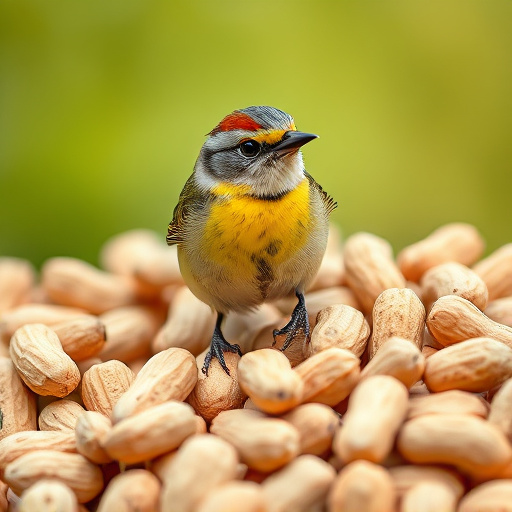 Birds feeding from abundant peanut pile