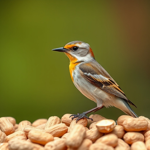 Birds feeding from abundant peanut pile