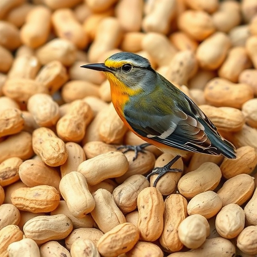 Birds feeding from abundant peanut pile