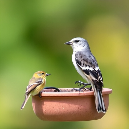 Birds feeding from hanging seed feeder