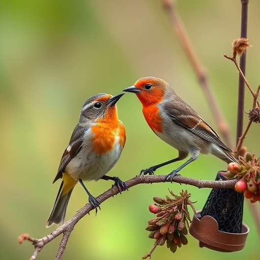 Birds feeding from hanging seed feeder