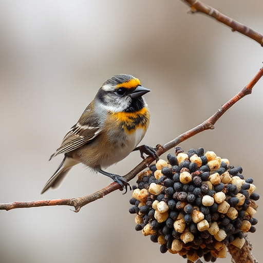 Birds feeding from metal suet dispenser