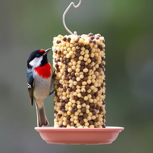 Birds feeding from metal suet dispenser