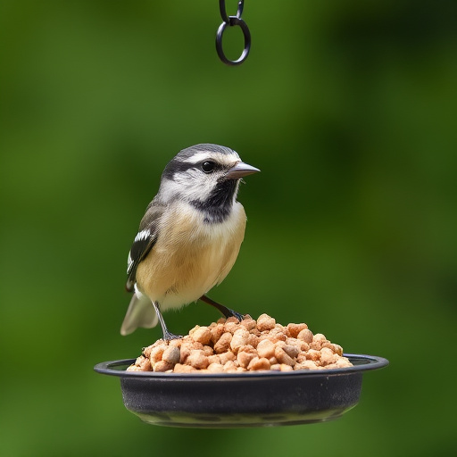 Birds feeding from metal suet dispenser