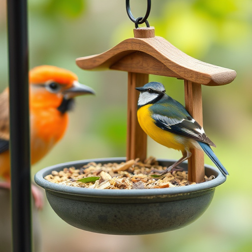 Birds feeding from suspended cage feeder