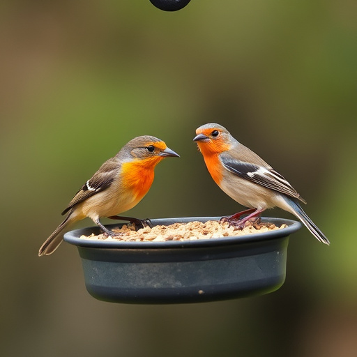 Birds feeding on fruit slices outdoors