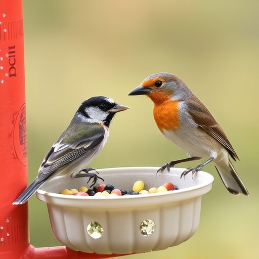 Birds feeding on fruit slices outdoors