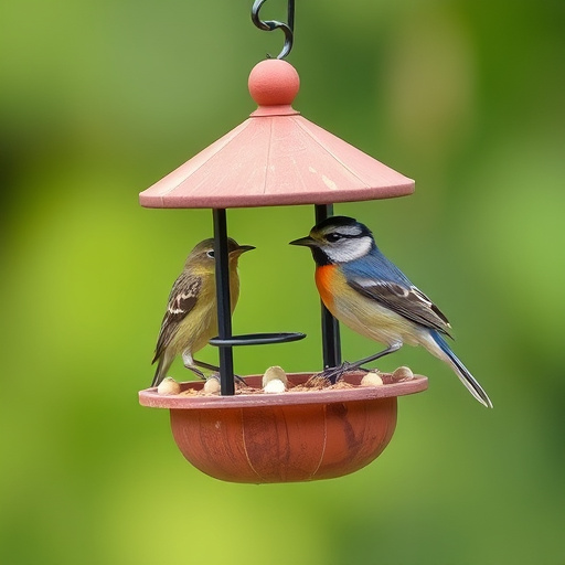 Birds feeding on fruit slices outdoors