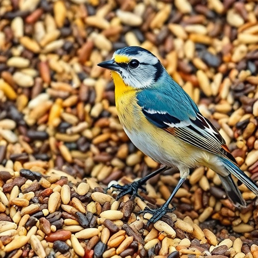 Birds feeding on scattered seeds