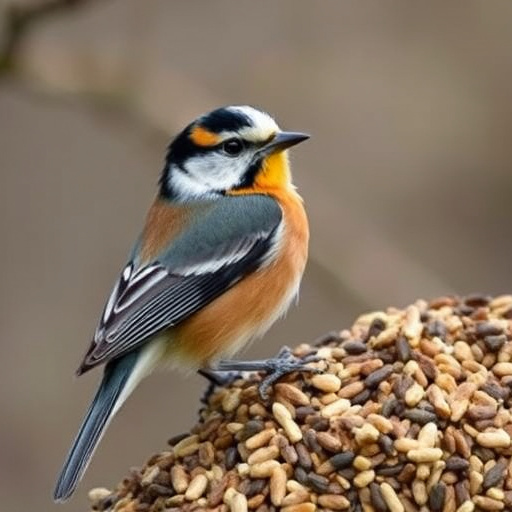 Birds feeding on scattered seeds