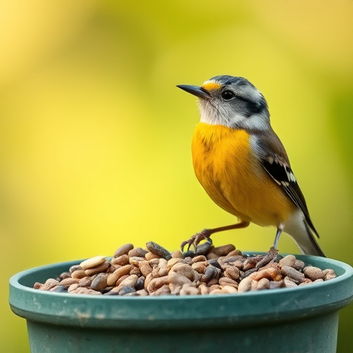 Birds feeding on scattered seeds