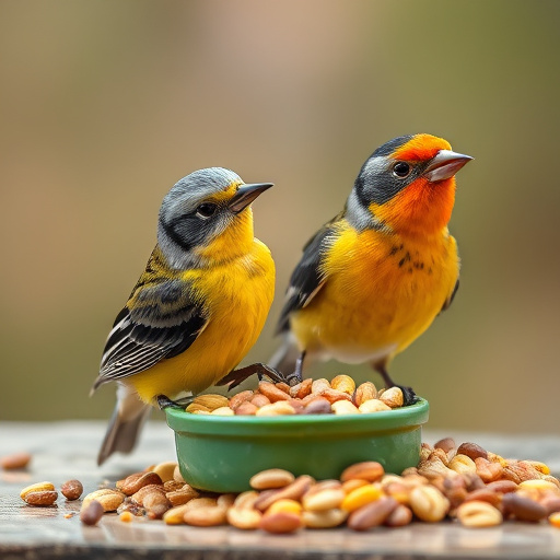 Birds feeding on scattered seeds