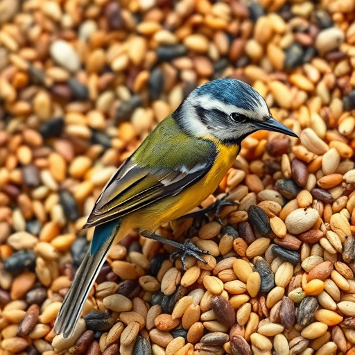 Birds feeding on scattered seeds