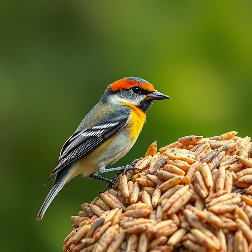 Birds feeding on scattered seeds