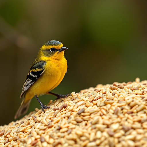 Birds feeding on scattered seeds