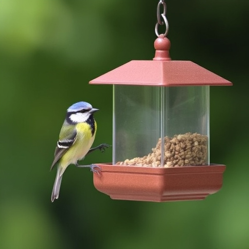 Birds feeding on window bird feeder
