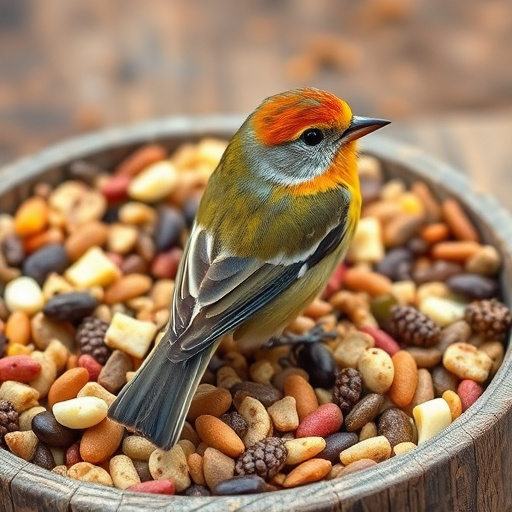 Birds pecking at mixed seed blend