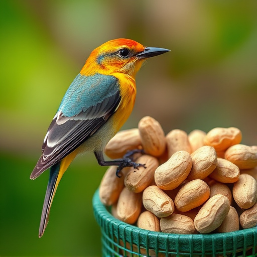 Birds pecking at scattered peanuts outdoors