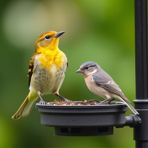 Birds pecking seeds from ground feeder